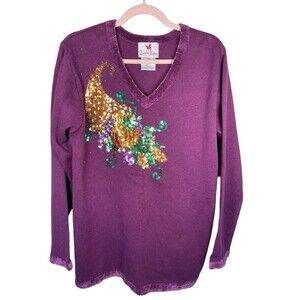 Quacker Factory Womens Sweater Size Large Purple Pumpkin Fall Sequins